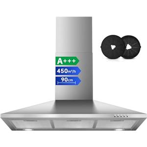 SNDOAS Cappa Cucina 90cm, 450 m³/h Cappa Aspirante con Scarico/Ricircolo, A+++ Cappa 90cm, Filtro a Carboni Incluso, 3 Livelli di Velocità, Acciaio Inox