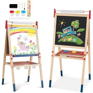 HOMASIS 3 in 1 Lavagna per Bambini con Rotolo di Carta, Cavalletto Pittura Bambini con Lavagna Doppia Faccia, Altezza e Ripiano Regolabile, Struttura in Legno di Pino, 60 x 55 x 112,5-124,5 cm