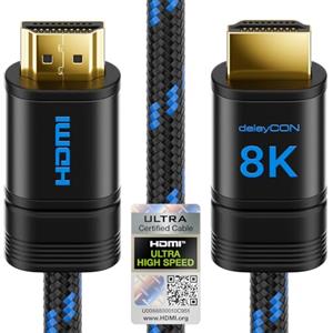 deleyCON 1,5m 8K HDMI 2.1b Cavo (48G, ULTRA Highspeed) Certificato, 8K@60Hz 4K@120Hz 2K@144Hz/165Hz EARC HDCP 2.3/2.2 - per DTS:X HDR Dinamico Dolby Atmos TV PS5 Xbox Soundbar Monitor