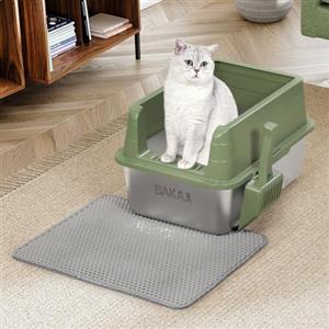 BAKAJI Lettiera per Gatti XL Aperta con Base in Acciaio con Borso Anti Sabbiolina, Paletta per Raccolta, Tappetino Anti Sporco, Base Antiscivolo, Capacità 25 Litri, Colore Verde, 50 x 35 x 30 cm