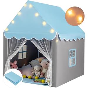 HOMASIS Tenda da Giochi per Bambini, Casetta per Bambini Interna con Tappeto Lavabile e Luci a Forma di Stella, Casa Giochi con Porta e Finestre, 105 x 121 x 136 cm (Blu)