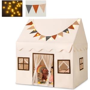 HOMASIS Tenda per Bambini con 3 Finestre e 1 Porta in Rete, Casetta da Gioco con Luci a LED, Bandierine da Appendere e Tappetino Imbottito, Capanna per Bambini da 3+ Anni, Beige