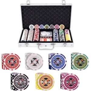 HOMASIS Set da Poker con 300 Chips, Valigetta da Poker con Serratura, Kit Poker con 2 Mazzi di Carte, 5 Dadi, 1 Bottone del Mazziere, Carte da Poker per Feste (Argento)