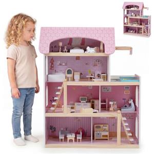 HOMASIS Casa delle Bambole in Legno per Bambini, Bella Casa da Sogno Principessa per Bambole, Casseta da Gioco per Bambini 3+ Anni (Modello 2, 63 x 25 x 78 cm, Rosa)
