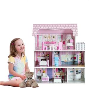 HOMASIS Casa delle Bambole Rosa in Legno, Giocattoli Bambina con Mobili e Accessori inclusi, Villa delle Bambole con 3 Piani e Stanze, Regalo per Ragazze dai 3+ anni (Modello 1)