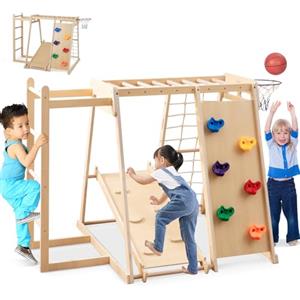 HOMASIS 6 in 1 Arrampicata per Bambini, Palestra con Scivolo Doppia Faccia, Rete, Scala, Canestro da Basket, Parete da Arrampicata e Barre da Scimmia, per Bambini da 3+ Anni (Naturale)