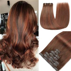 GUDOZO extension capelli veri Castano cioccolato con castano rossastro scuro 7pcs 45cm 120g Extension capelli veri biadesivo Extension clip capelli veri senza cuciture volume donna