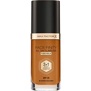 Max Factor Fondotinta Facefinity All Day Flawless - Correttore, Fondotinta liquido e primer viso 3-in-1, Formula vegan, Copertura modulabile, Tenuta fino a 30 ore, SPF20 - W98 Warm Hazelnut, 30 ml