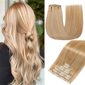 GUDOZO extension capelli veri Castano chiaro con riflessi dorati e platino 7pcs 50cm 120g Extension capelli veri biadesivo Extension clip capelli veri senza cuciture volume donna