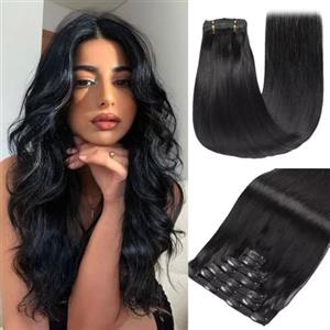 GUDOZO extension capelli veri Nero puro 7pcs 30cm 80g Extension capelli veri biadesivo Extension clip capelli veri senza cuciture volume donna