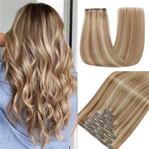 GUDOZO extension capelli veri Castano castano - Grigio oro 7pcs 50cm 120g Extension capelli veri biadesivo Extension clip capelli veri senza cuciture volume donna
