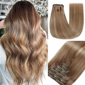 GUDOZO extension capelli veri Castano chiaro con sfumatura oro-castano chiaro 7pcs 35cm 80g Extension capelli veri biadesivo Extension clip capelli veri senza cuciture volume donna