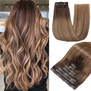 GUDOZO extension capelli veri Castano castano - Castano chiaro con riflessi oro chiaro 7pcs 60cm 120g Extension capelli veri biadesivo Extension clip capelli veri senza cuciture volume donna