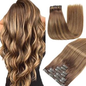 GUDOZO extension capelli veri Castano cioccolato con riflessi oro caramello 7pcs 40cm 120g Extension capelli veri biadesivo Extension clip capelli veri senza cuciture volume donna