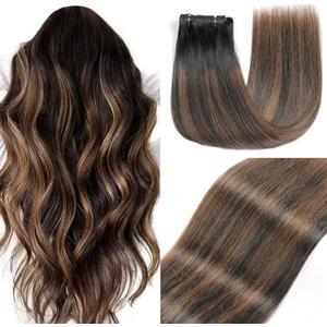 GUDOZO extension capelli veri Nero naturale con castano castano 7pcs 60cm 120g Extension capelli veri biadesivo Extension clip capelli veri senza cuciture volume donna