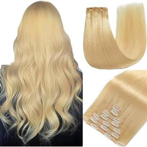 GUDOZO extension capelli veri Biondo platino 7pcs 55cm 120g Extension capelli veri biadesivo Extension clip capelli veri senza cuciture volume donna