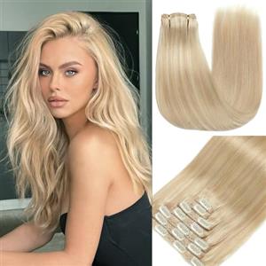 GUDOZO extension capelli veri Grigio oro - Biondo platino 7pcs 55cm 120g Extension capelli veri biadesivo Extension clip capelli veri senza cuciture volume donna