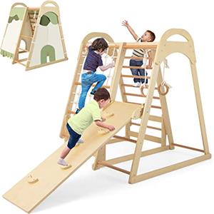 LIFEZEAL 6 in 1 Arrampicata con Scivolo Rete Scaletta e Anelli per Bambini, Triangolo Struttura da Arrampicata in Legno Sicuro e Divertente, Casetta Parco Giochi Stabile per Bimbi 3 Anno+