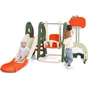 HOMASIS 6 in 1 Scivolo per Bambini con Altalena, Canestro da Basket & Scala da Arrampicata & Porta da Calcio & Buca da Golf, Parco Giochi Educativo per Bambini, 3+ Anni (Colorato)
