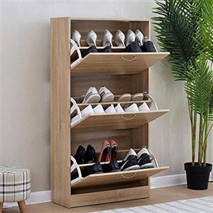BAKAJI Scarpiera Portascarpe In Legno MDF Colore Beige Rovere Con 3 Ante a Ribalta E Doppia Profondita' Dimensioni 60 x 24 x 120 cm