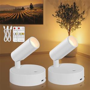 TaoFiaCo Faretti LED Ricaricabili da Parete per Interni Bianco 2 Pezzi - Lampada da parete USB con Telecomando 3 Colori - Faretto LED Wireless per Illuminazione di Quadri Piante Camera da Letto