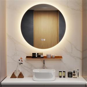 LIFEZEAL Specchio bagno, Rotondo, 60 x 60 cm, specchio bagno con luce, con Luci Dimmerabili e Luci a 3 Colori, Funzioni di Autosbrinante e di Memoria e Mensola, specchiera bagno retroilluminato