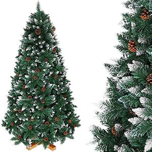 Bakaji Albero di Natale Folto Pino KING PREMIUM Artificiale Innevato con Pigne, Bianco Naturale Punte Ricoperte di Neve, base a Croce in legno Massello, Altezza 210 cm, 1178 Rami Ignifugo