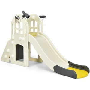 HOMASIS Parco Giochi per Bambini con Scivolo, Scivolo per Bambini con Canestro da Basket, Telescopio, Set di Scivolo per Interni ed Esterni per Bambino dai 3+ Anni, 189,5 x 83 x 98 cm (Giallo)