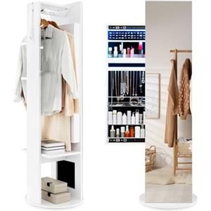 HOMASIS 3 in 1 Armadietto Portagioielli con Specchio a Figura Intera, Specchio Porta Gioielli Girevole a 360°con Luci LED e Appendiabiti, Organizzatore di Gioielli e Cosmetici, 50 x 166,5 cm, Bianco
