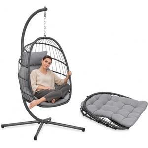 Zendea - Poltrona Sospesa da Giardino a Uovo Pieghevole - Rattan Sintetico, Acciaio Zincato 192 cm, 160 kg | Sedia a Dondolo Sospesa con Cuscini Antracite, Interno ed Esterno, 75×10×103,5 cm chiusa