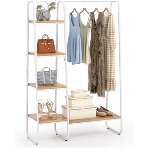 HOMASIS Stand Appendiabiti a 5 Livelli, Attaccapanni da Terra con Scarpiera in Legno, Strutture in Metallo, Organizzazione Guardaroba con Piedini Regolabili, 99,5 x 40 x 151 cm (Naturale)
