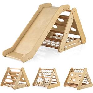 LIFEZEAL 4 in 1 Triangolo di Arrampicata con Scivolo Legno, Rete da Scala, Tavola e Scala, Telaio di Arrampicata Triangolare Interno ed Esterno, Carico di 50 kg, Bambini 1 + Anni (naturale)