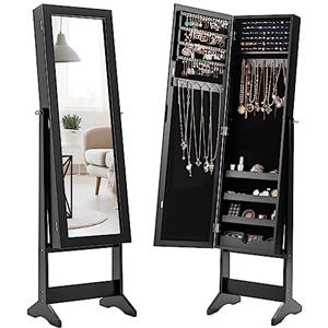 HOMASIS 2 in 1 Armadietti Portagioie, Specchio Portagioie da Terra a Figura Intera, Mobile Portagioielli Regolabile, Organizzatore Trucchi, Mobilietto per Collane, Orecchini, 35 x 30 x 144 cm (NERO)