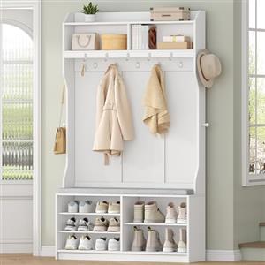 HEXCELEN Appendiabiti Ingresso con Panca Scarpiera, Appendiabiti da Terra con 14 Ganci e 7 Scomparti Aperti, Ripiani Regolabili, per Corridoi, Ingressi, Soggiorni, 30 × 100 × 183,4 cm, Bianco