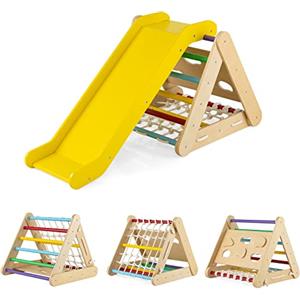 LIFEZEAL 4 in 1 Triangolo di Arrampicata in Legno con Scivolo e Rete, Giocattoli Balance Psicomotricità, Bimbi, Giochi Montessori con Carico 50 kg per Bambini 1 + Anni (multicolore)