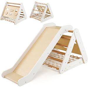 LIFEZEAL 4 in 1 Triangolo di Arrampicata in Legno con Scivolo e Rete, Giocattoli Balance Psicomotricità, Bimbi, Giochi Montessori con Carico 50 kg per Bambini 1 + Anni (beige)