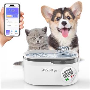 SYBILPET Fontanella per Gatti e Cani Piccola Taglia - Fontana Silenziosa da 2,8L con Sistema di Filtraggio ai Carboni Attivi - Stimola l'Idratazione, Facile da Pulire e a Basso Consumo.