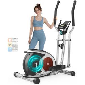 YONISEE Ellittica da Casa, Ellittiche con 16 Livelli di Resistenza Magnetica, Display LCD con Bluetooth e Ruote di Trasporto, Attrezzo per L'allenamento Completo del Corpo a Casa con Portabottiglia (Argento)