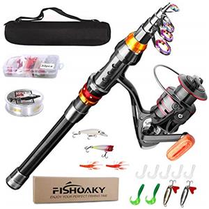 FISHOAKY Telescopico Canna da Pesca con Mulinello, Fibra di Carbonio Combo Spinning Canna con Bobina Linea Esche Ganci per Bambini e Adulti | Saltwater &Freshwater (2.1)