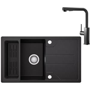 CECIPA Lavello da cucina nero 78 x 45 cm con rubinetto estraibile, lavello da cucina, lavello in granito a partire da 45 cm di larghezza, lavello con sifone e troppopieno, lavello con scolapiatti