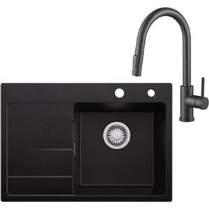 CECIPA Lavello nero 65 x 45 cm con rubinetto estraibile, lavello da cucina in granito, lavello da cucina per armadi da 40 cm di larghezza, lavabo da incasso con sifone e scarico