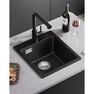 Sofetiy Softiy Lavandino Cucina Granito Nero, Lavello Cucina 1 Vasca 40x45cm, Lavabo Cucina con Sifone, Lavandino Cucina Rettangolare, Lavello da Incasso Con 2 Fori per Rubinetto, Facile da Pulire