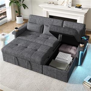 Bladez Divano angolare a forma di L con funzione letto, con LED e porte USB, schienale regolabile, porta bevande, divano angolare a 3 posti, con vano portaoggetti, chaise longue per soggiorno (LED