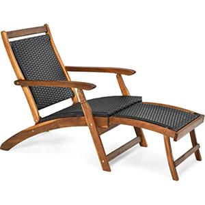 LIFEZEAL Sdraio da Giardino in Legno di Acacia e Rattan, Lettino Prendisole con Poggiapiedi Telescopico, Trasformabile in Poltrona, per Giardino, Terrazza, Balcone, Nero e Naturale