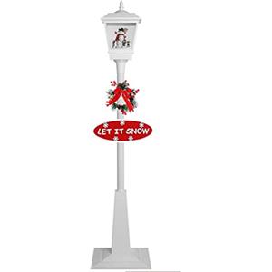 BAKAJI Lampione di Natale Luminoso con 18 Luci Scena Natalizia Motorizzata Girevole Neve in Movimento e 8 Musiche Natalizie con Decorazione Ghirlanda e Scritta Altezza 180 cm (Bianco)