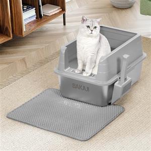 BAKAJI Lettiera per Gatti XL Aperta con Base in Acciaio con Bordo Anti Sabbiolina, Paletta per Raccolta, Tappetino Anti Sporco, Base Antiscivolo, Capacità 25 Litri, Colore Grigio, 50 x 35 x 30 cm
