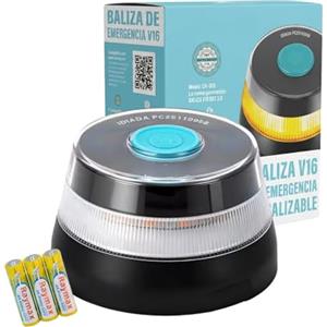 MAGIC SELECT Luce di Emergenza V16 DGT 3.0 Omologata con Geolocalizzazione per Segnalazione Stradale, Auto e Moto, Luce Arancione Lampeggiante 360º, Base Magnetica, Include 3 Batterie AA