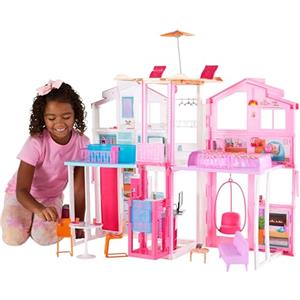 Barbie - La Casa a 3 piani, playset con ascensore e altalena, mobili e accessori inclusi, chiudibile per il trasporto, giocattolo per bambini, 3+ anni, DLY32