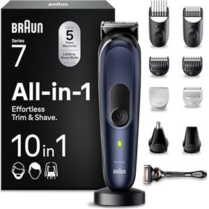 Braun REGOLABARBA STYLING KIT, Tagliacapelli Uomo, Rasoio Elettrico Barba e Capelli, 10-in-1 per Barba, Capelli, Corpo, Naso e Orecchie, 100 Minuti Di Utilizzo, Idea Regalo, MGK7410 Blue