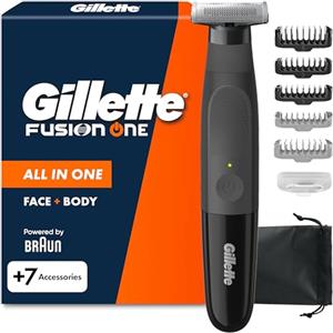 Gillette Fusion One Rasoio Elettrico Uomo Barba e Corpo, 3 Pettini Barba (1,2,5mm) e 1 Pettine Corpo, Testina Oscillante, Custodia, Impermeabile, Senza Fili, 45 Min Autonomia, Tecnologia Braun
